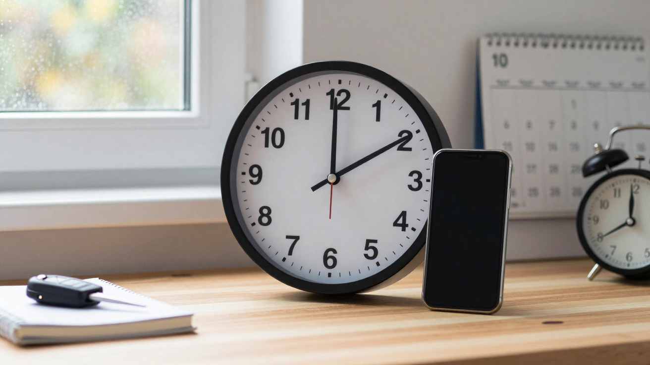 Analog clock showing 12:10 beside a smartphone on a wooden desk with a notebook, car key, calendar, and alarm clock.