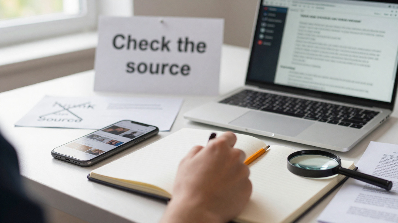 Person writing in notebook on desk with smartphone, laptop, magnifying glass, and "Check the source" sign.