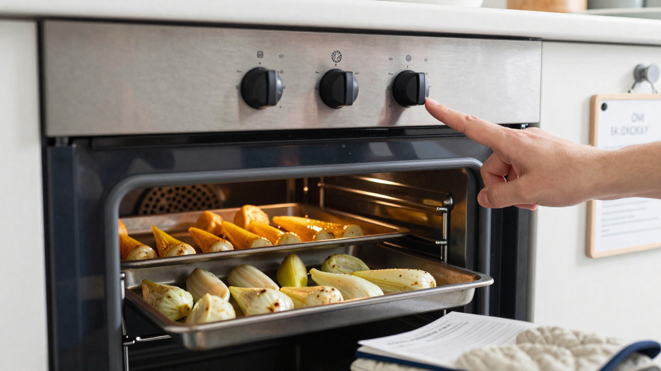 Hand adjusting oven temperature knob with trays of roasted vegetables inside the oven.
