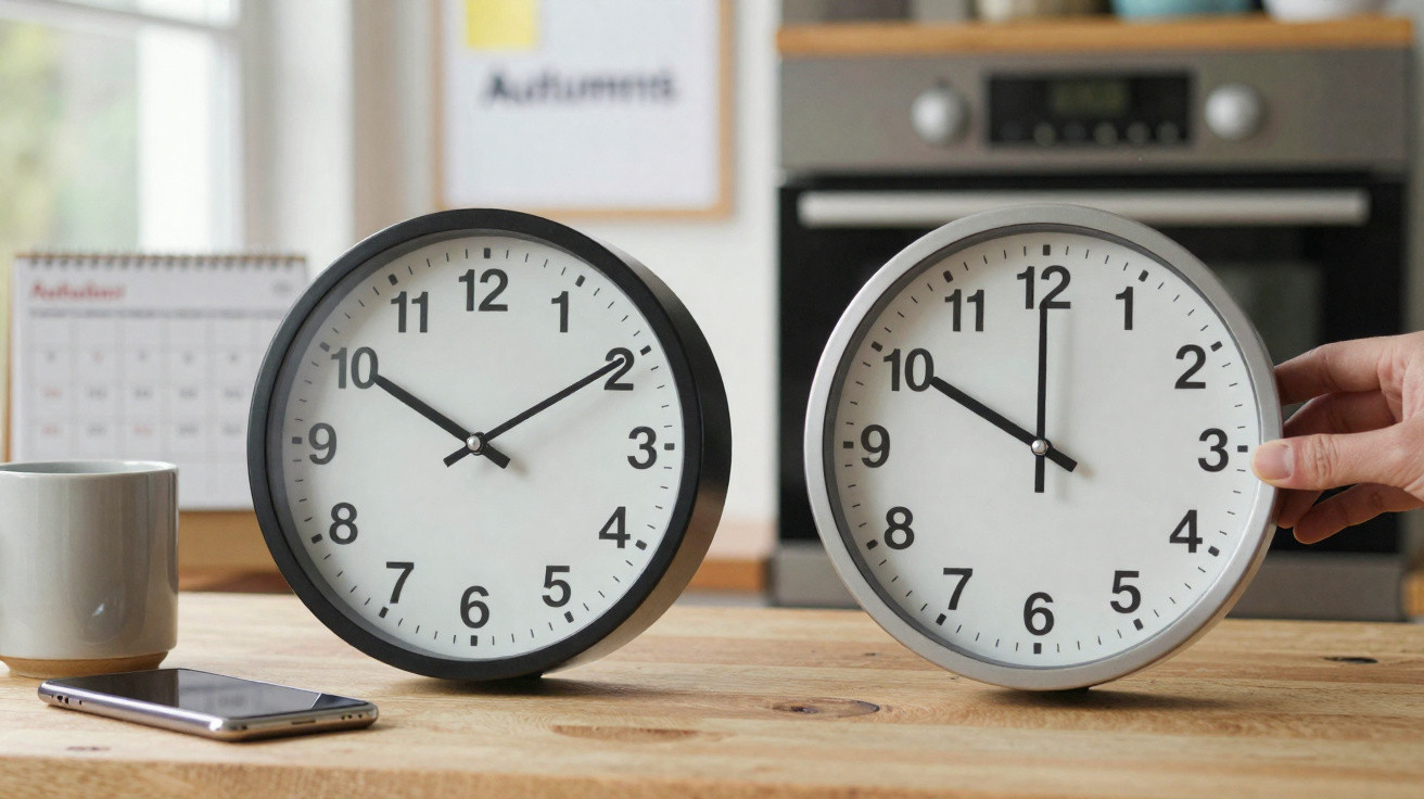 Two analogue clocks showing different times on a wooden table, one held by a hand in a kitchen setting.