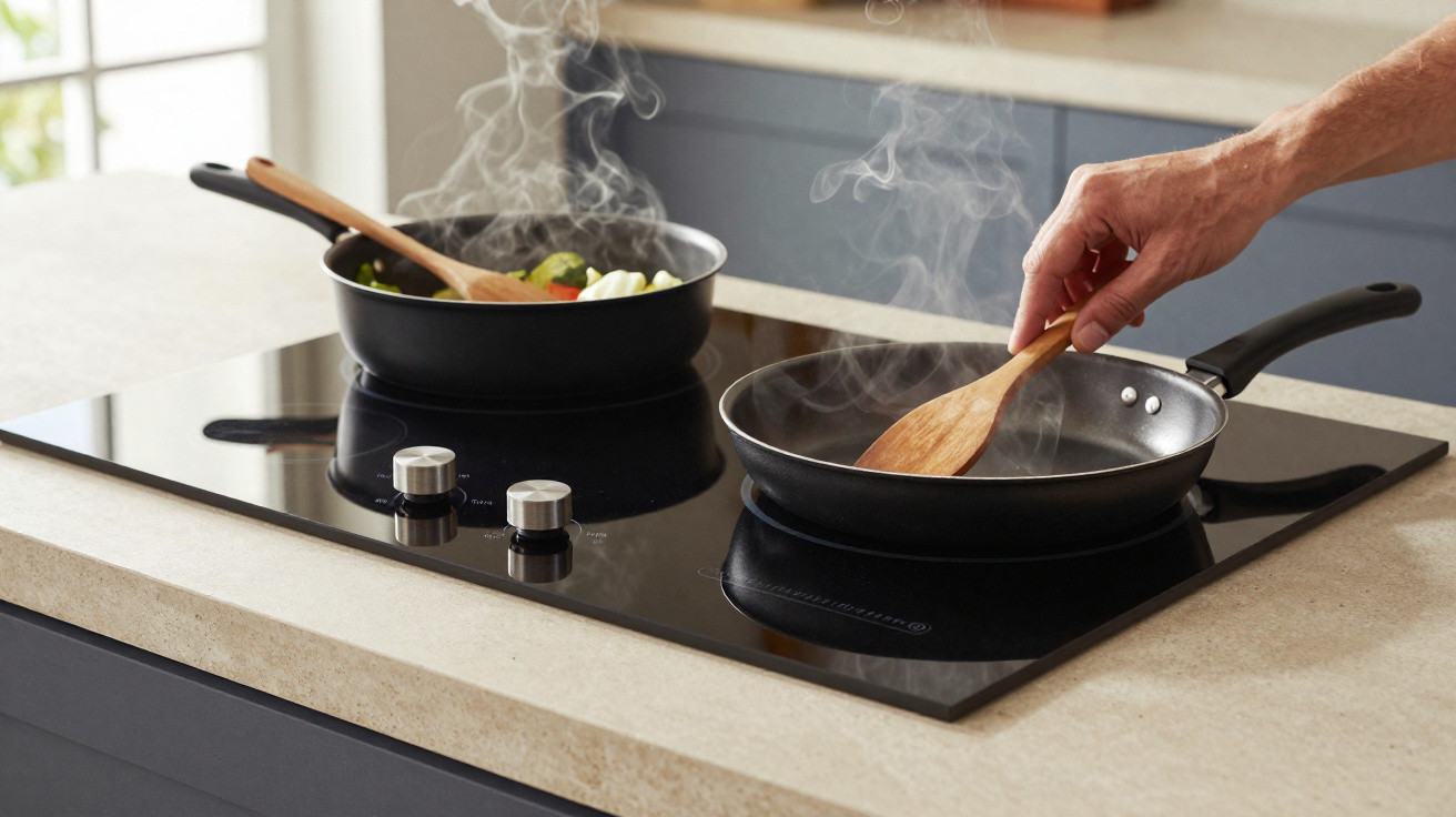 Hand stirring food in a steaming frying pan on an induction hob with another pan cooking vegetables.