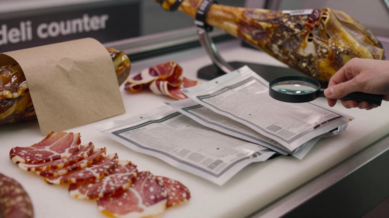 A person uses a magnifying glass to read labels on cured meat packages at a deli counter.