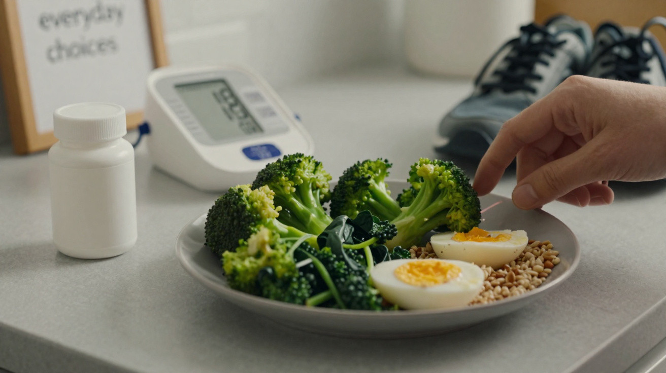 Plate with broccoli, spinach, boiled eggs, and grains, hand reaching for egg, blood pressure monitor, and white bottle nearby