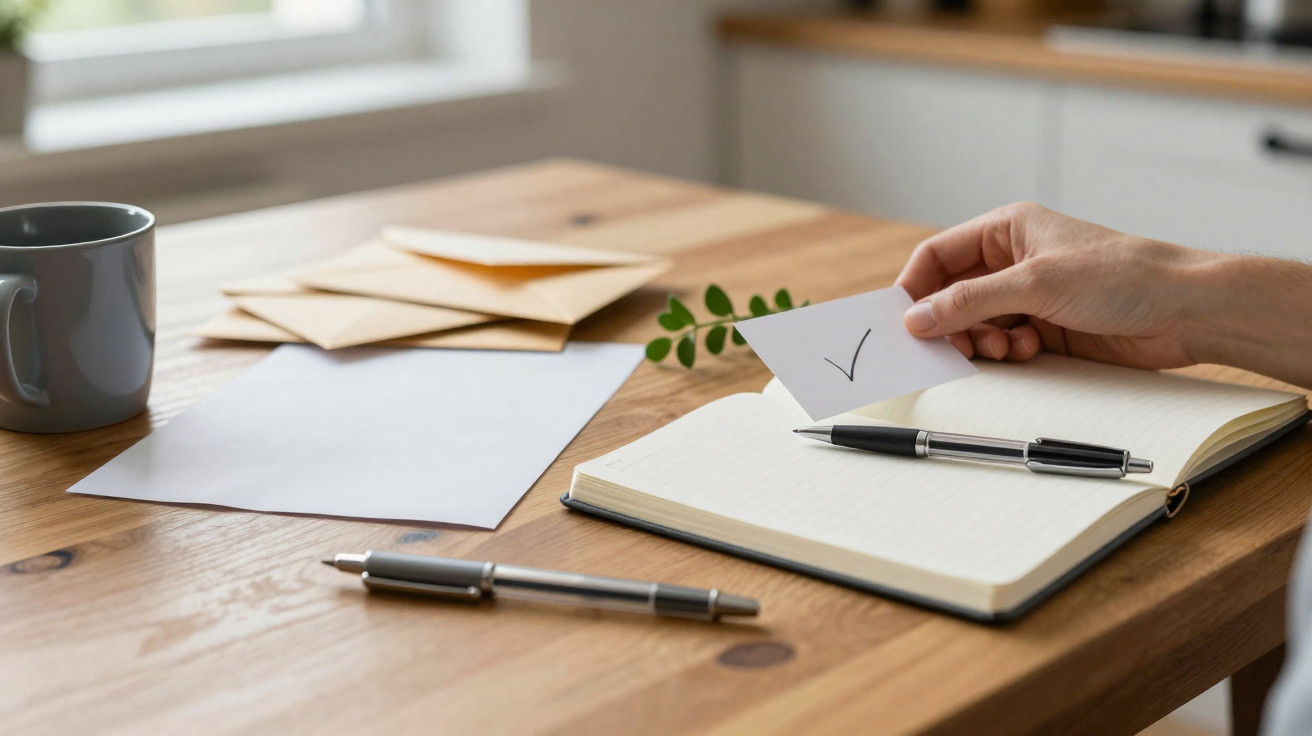 Hand holding a small card with a checkmark above an open notebook on a wooden desk.