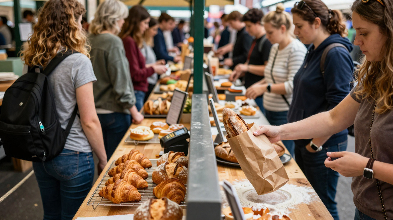 People selecting and purchasing a variety of freshly baked breads and pastries at a market stall.