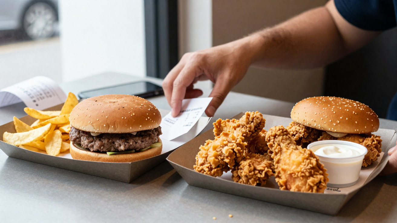 Two fast food trays with a burger, fries, fried chicken pieces, and dipping sauce on a table.