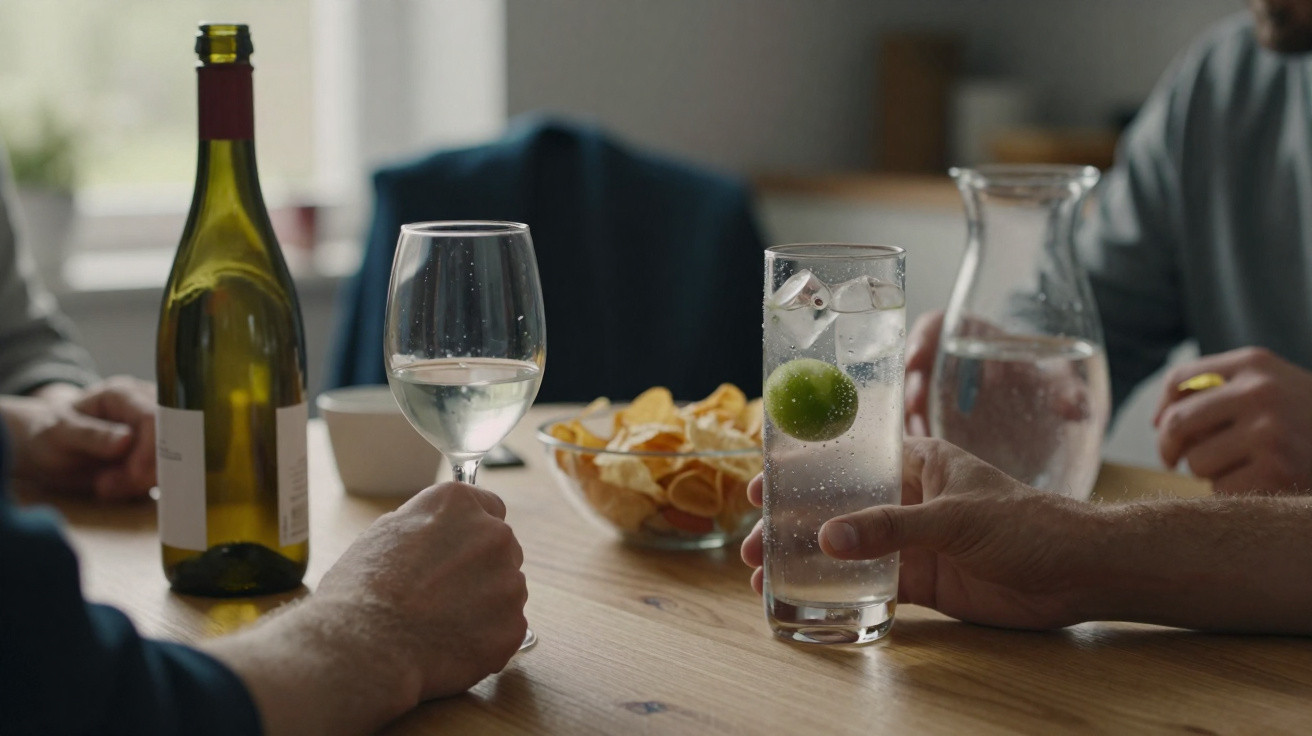 Two hands holding drinks over a wooden table with a bowl of crisps and a wine bottle.