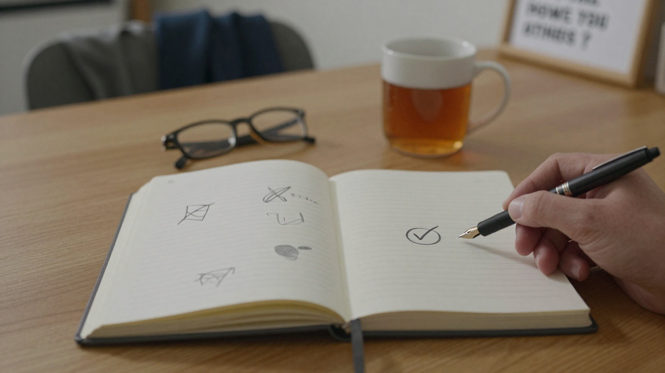 Hand holding a pen ticking a circle in an open notebook with sketches, glasses, and a cup of tea on a wooden table.