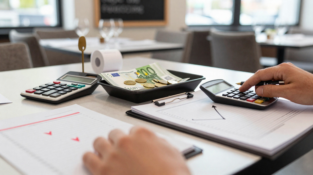 Person using a calculator with euro banknotes, coins, and financial documents on a desk in a bright office.