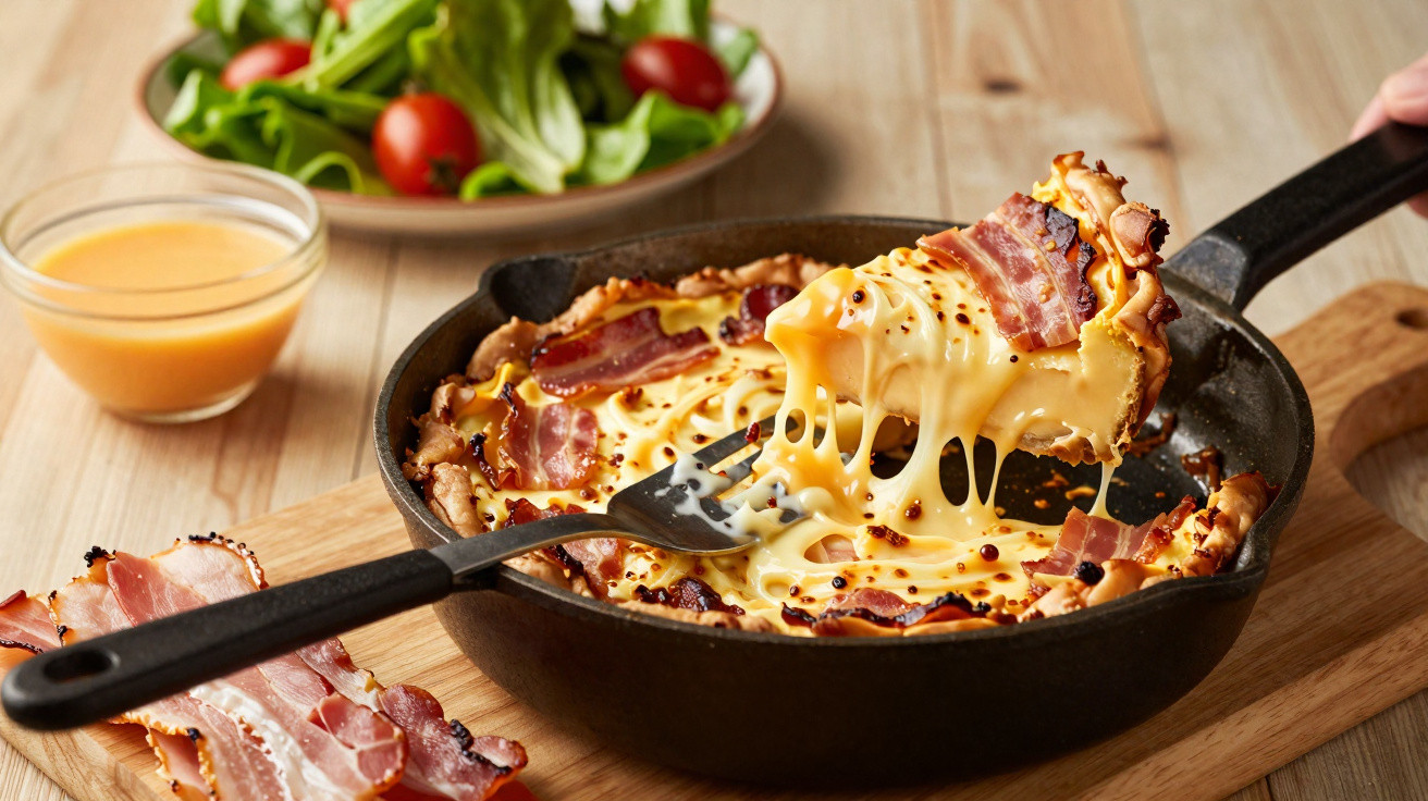 Cast iron skillet with melted cheese and crispy bacon being served, with salad and dressing in the background.