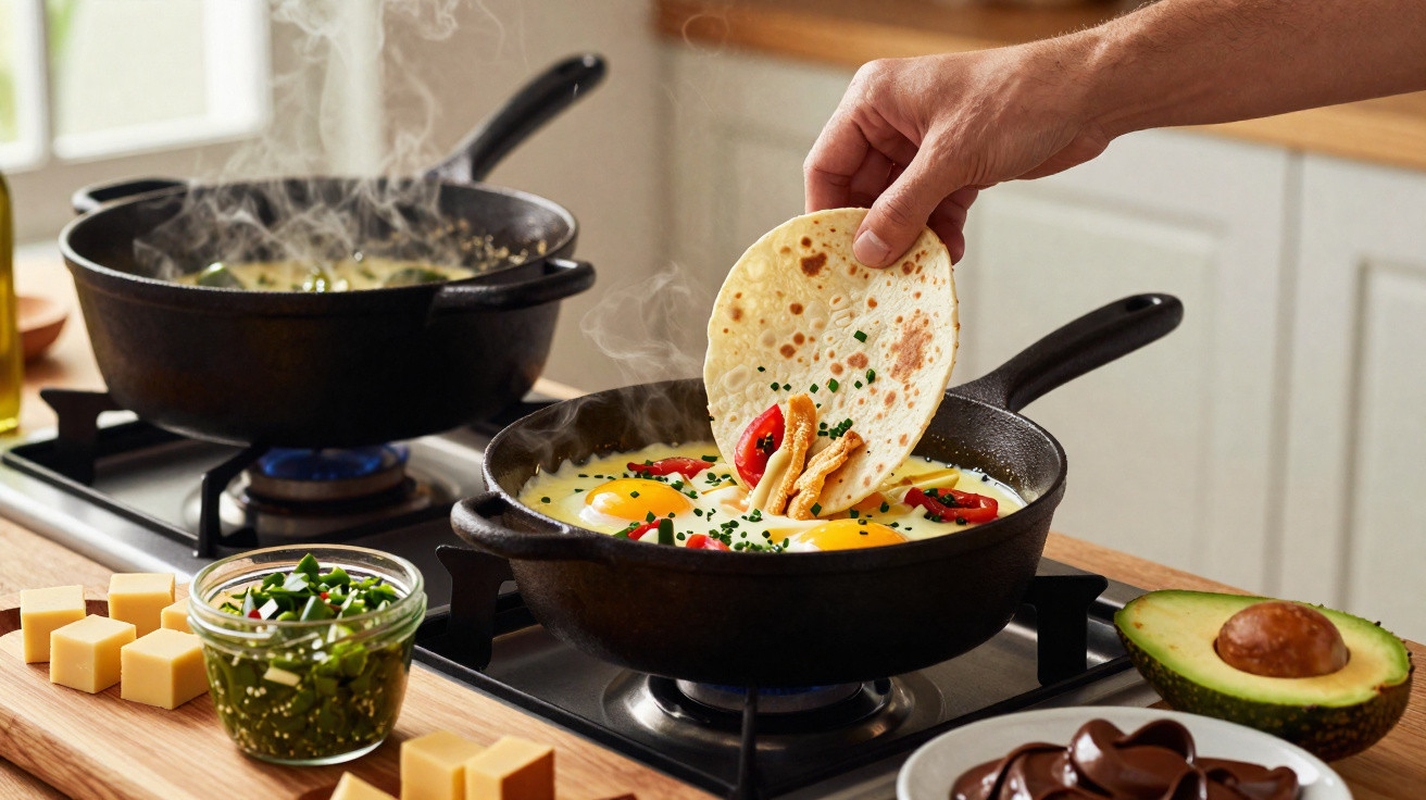 Hand placing flatbread into a frying pan with sunny-side-up eggs, chives, red peppers, and chicken on a gas stove.