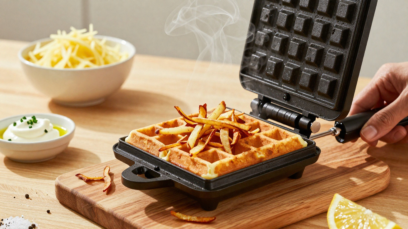 Freshly cooked waffle topped with crispy fries in a waffle maker on a wooden board with condiments nearby.