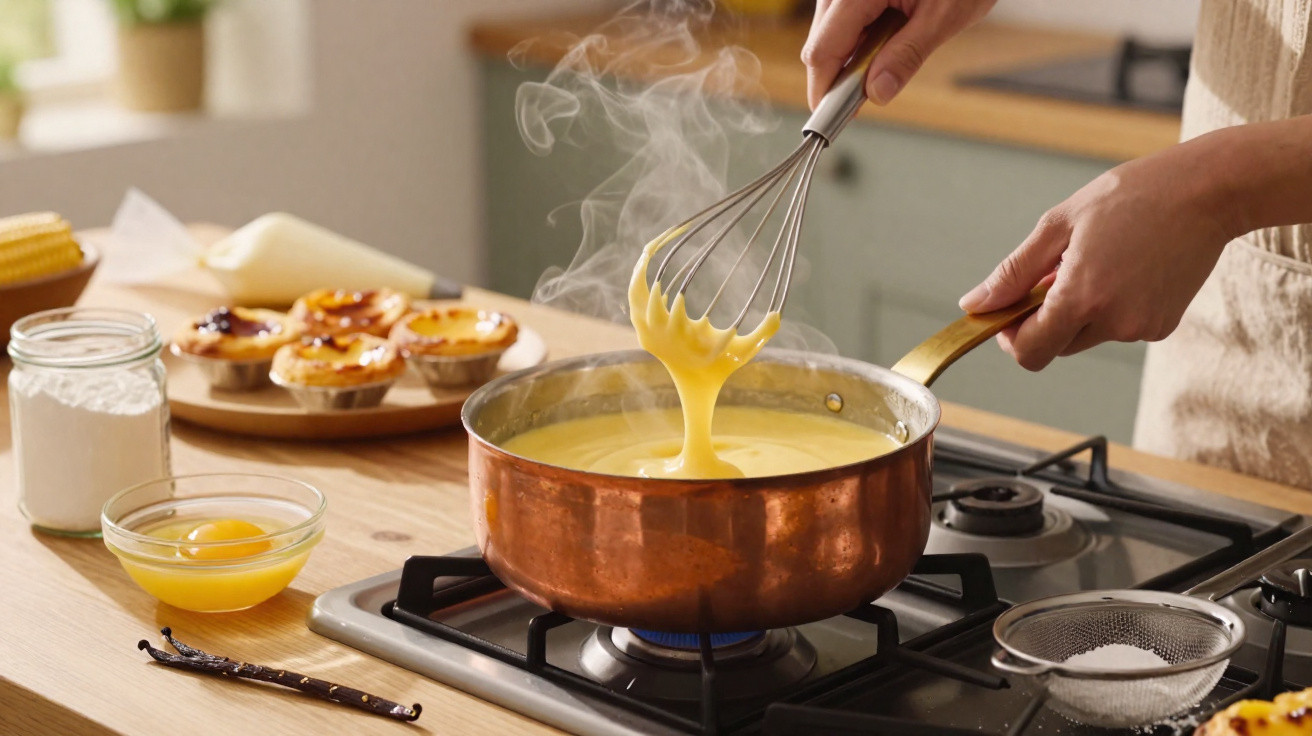 Hands whisking steaming custard in a copper pan on a gas stove with tarts and ingredients nearby
