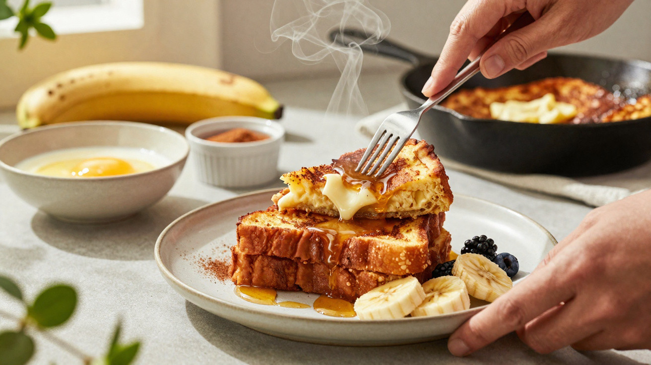 Steaming French toast with melting butter and syrup, served with sliced banana and berries on a plate.