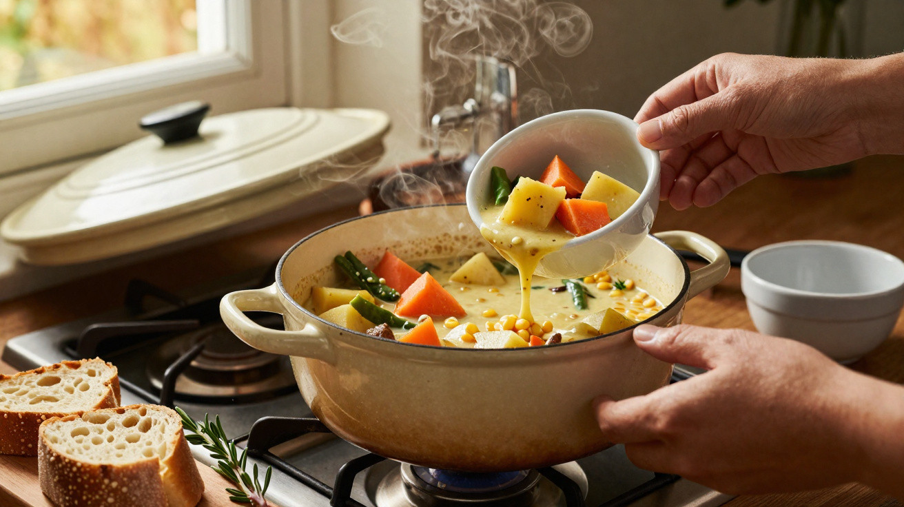 Hands pouring vegetable soup with corn, carrots and potatoes from a bowl into a pot on a stove with bread nearby