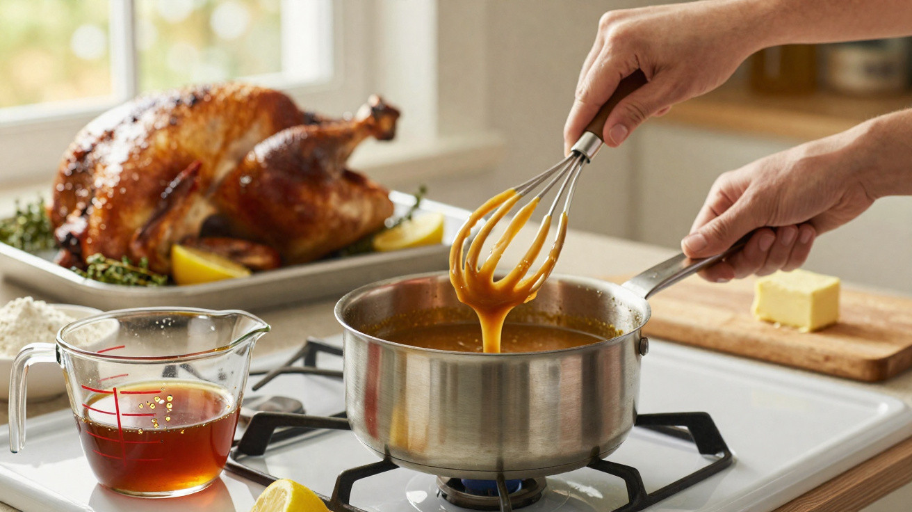 Hand whisking golden gravy in a saucepan on a stove with a roasted turkey and measuring cup nearby.