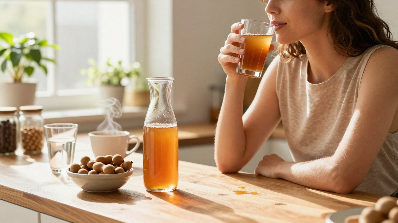 Woman drinking iced tea at a wooden kitchen table with a pitcher, steaming cup, and bowl of nuts.