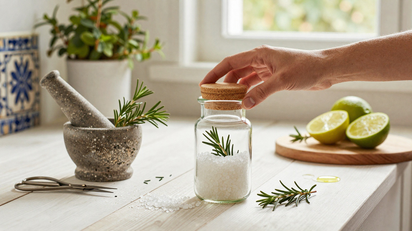 Hand placing cork lid on jar of bath salts with rosemary, lime halves on wooden board, mortar and pestle on white table.