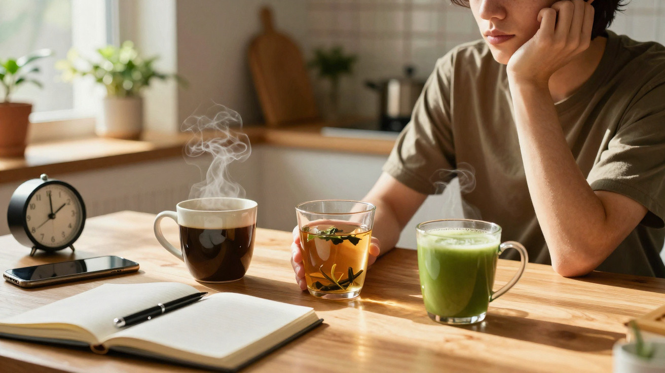 Person holding a glass of herbal tea with coffee and green smoothie on a wooden table by a notebook and clock.