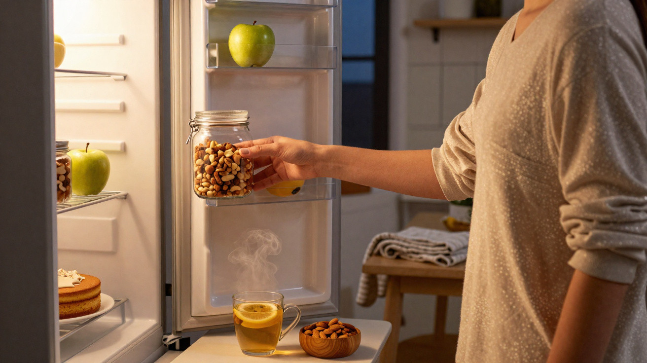 Person placing a jar of mixed nuts in an open fridge with apples, cake, and a steaming cup of lemon tea nearby.