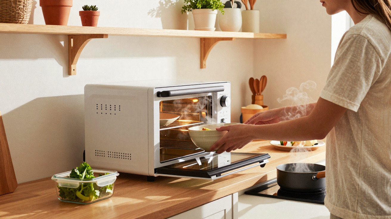 Person placing a bowl into a small countertop oven in a bright kitchen with plants on a shelf.