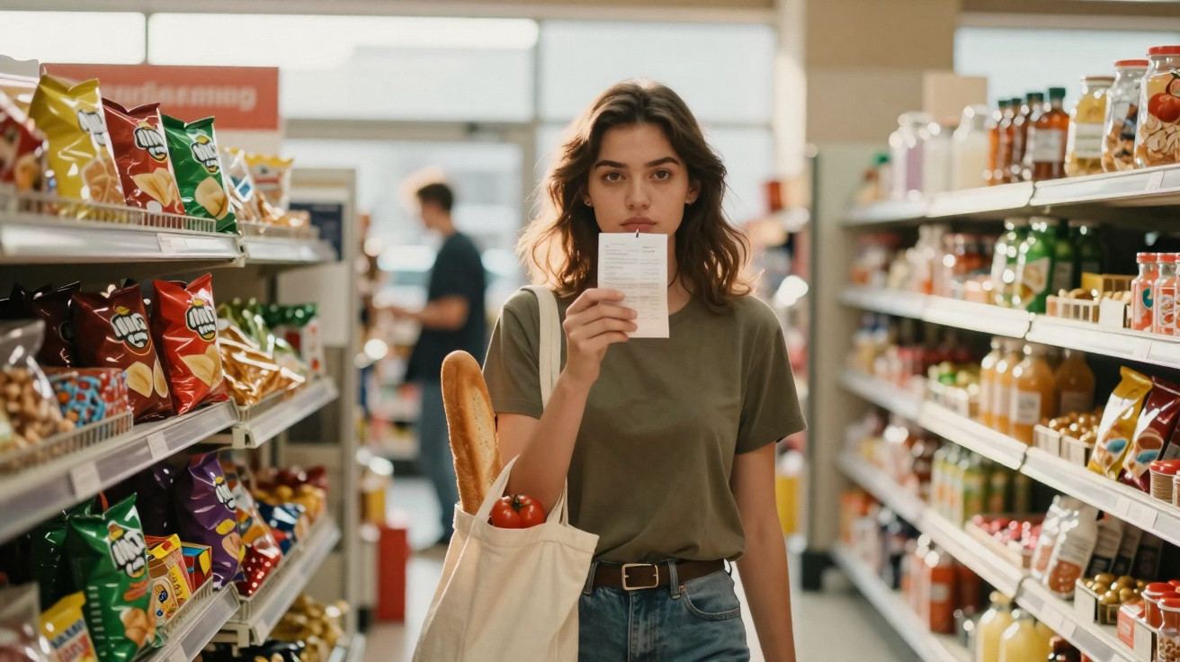 Young woman holding a shopping list in a supermarket aisle with groceries in a tote bag over her shoulder.