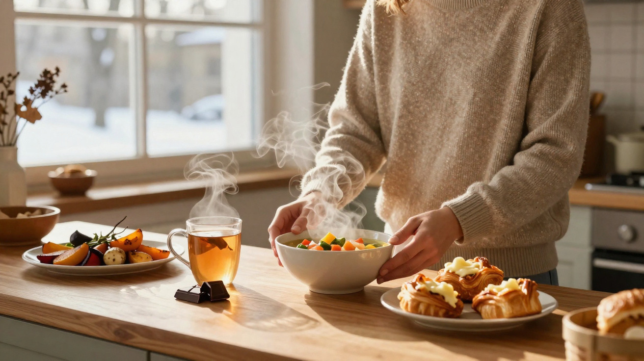Person holding a steaming bowl of vegetable soup on a kitchen counter with tea and pastries nearby.