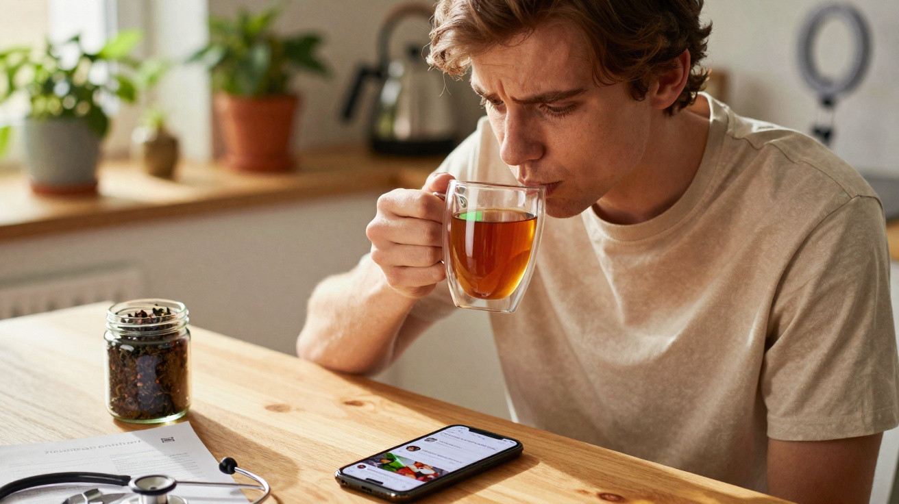 Young man drinking tea while looking at his smartphone at a wooden table in a sunlit kitchen.
