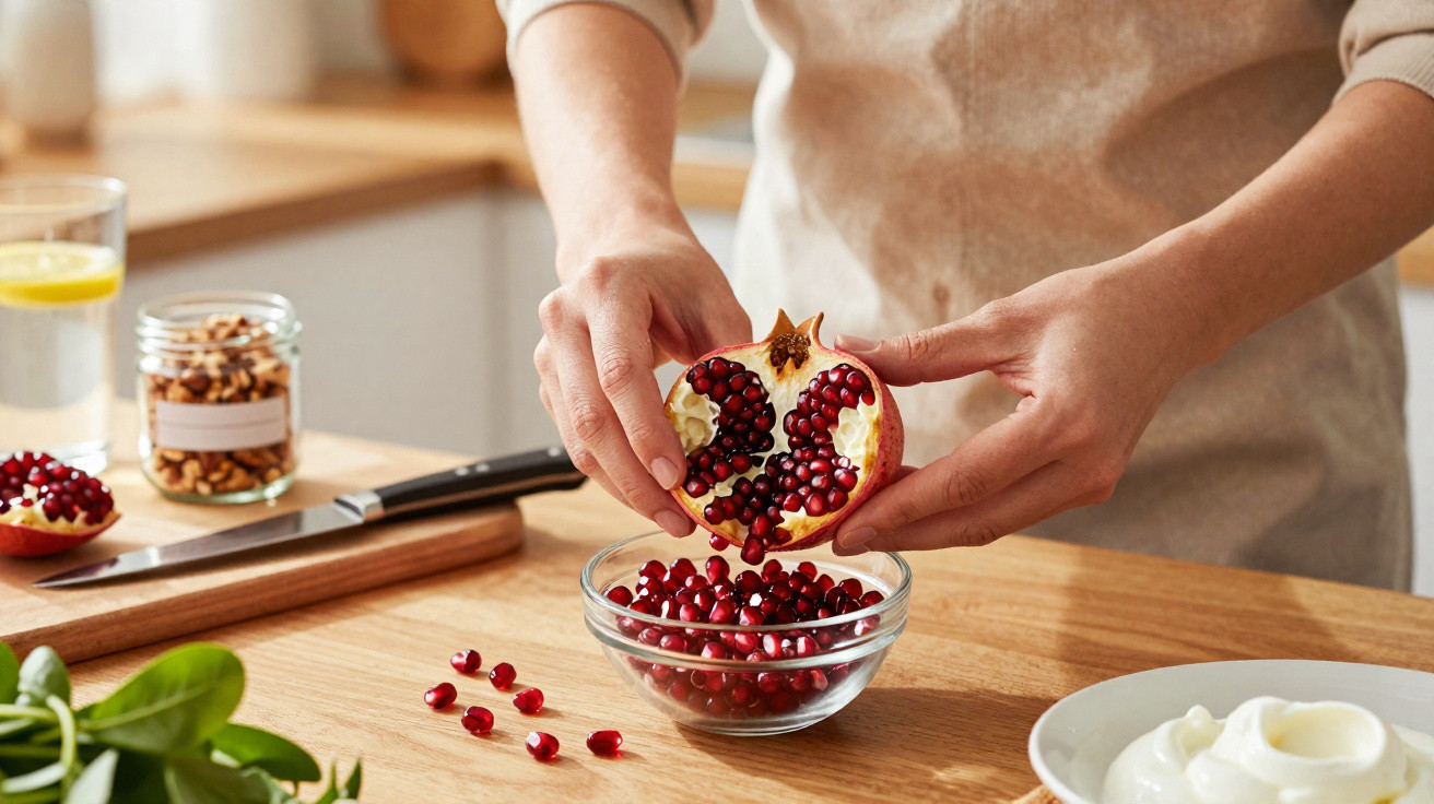 Person holding halved pomegranate over a bowl of seeds on a wooden kitchen table with yoghurt and nuts nearby.