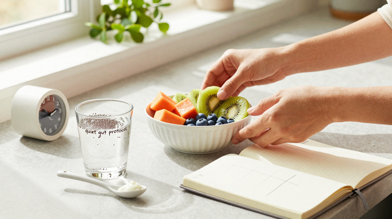 Hands placing kiwi slices in a bowl of fruit beside a glass of water, spoon with yogurt, and an open notebook.