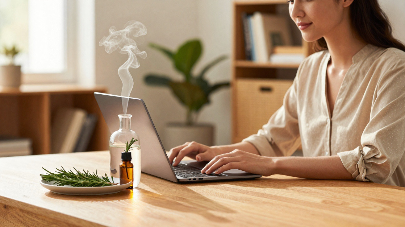 Woman typing on laptop at wooden table with rosemary and aroma diffuser in cosy room.