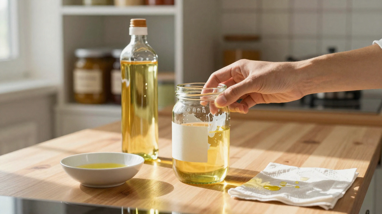 Hand reaching for a glass jar with light yellow oil on a wooden kitchen counter next to a bowl and bottle of oil.