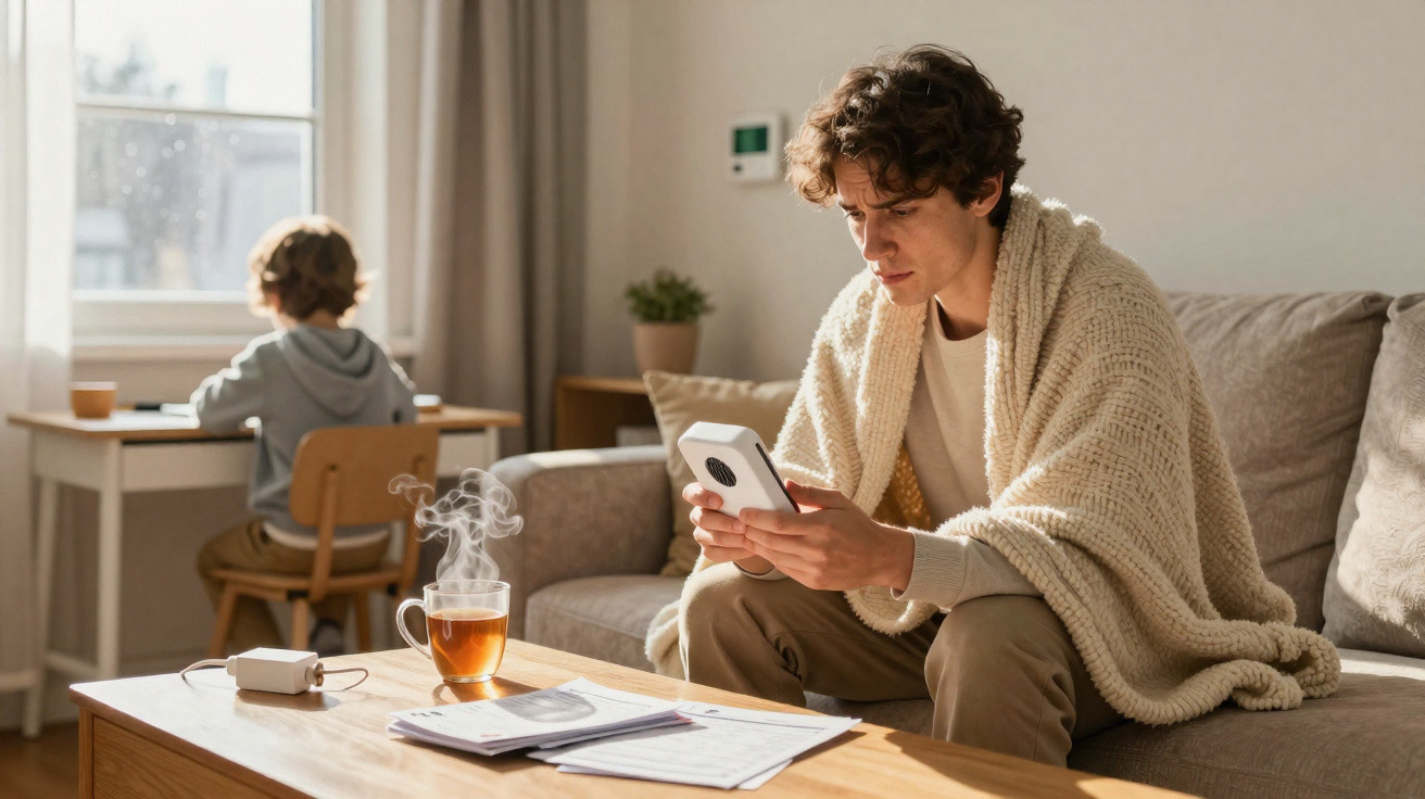 Young man wrapped in a blanket using a device on a sofa, child studying at a desk by a window in the background.
