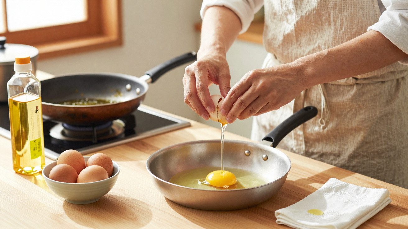 Person cracking an egg into a frying pan on a wooden kitchen counter with cooking oil and eggs nearby.