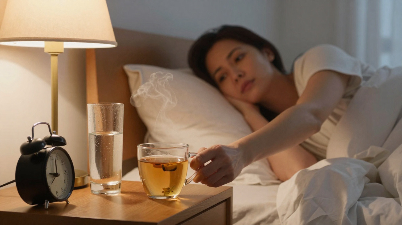 Woman lying in bed reaching for a steaming cup of tea on a bedside table with a lamp and alarm clock.