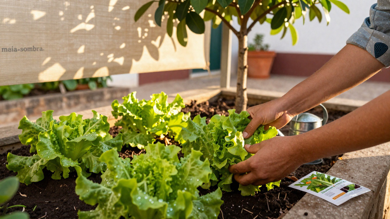 Hands harvesting fresh green lettuce from a raised garden bed in bright sunlight.
