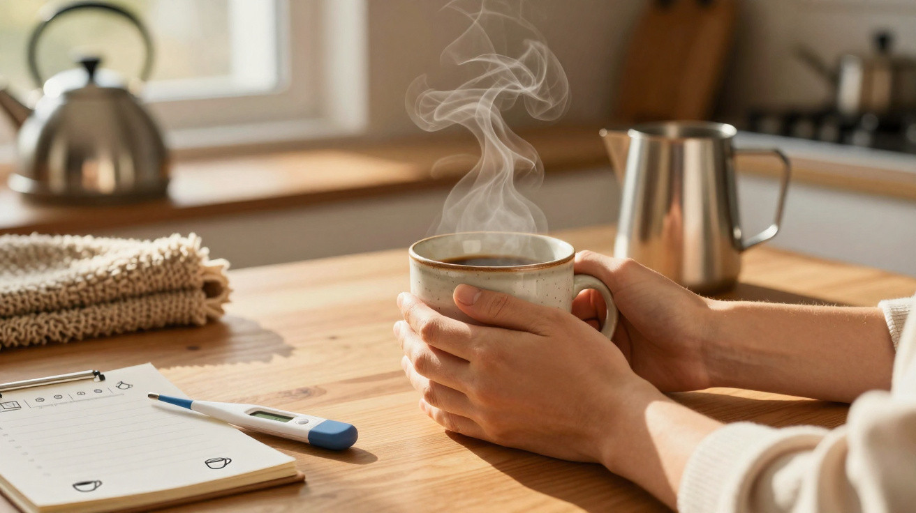 Hands holding a steaming cup of coffee on a wooden table with a thermometer and notebook nearby in a kitchen.