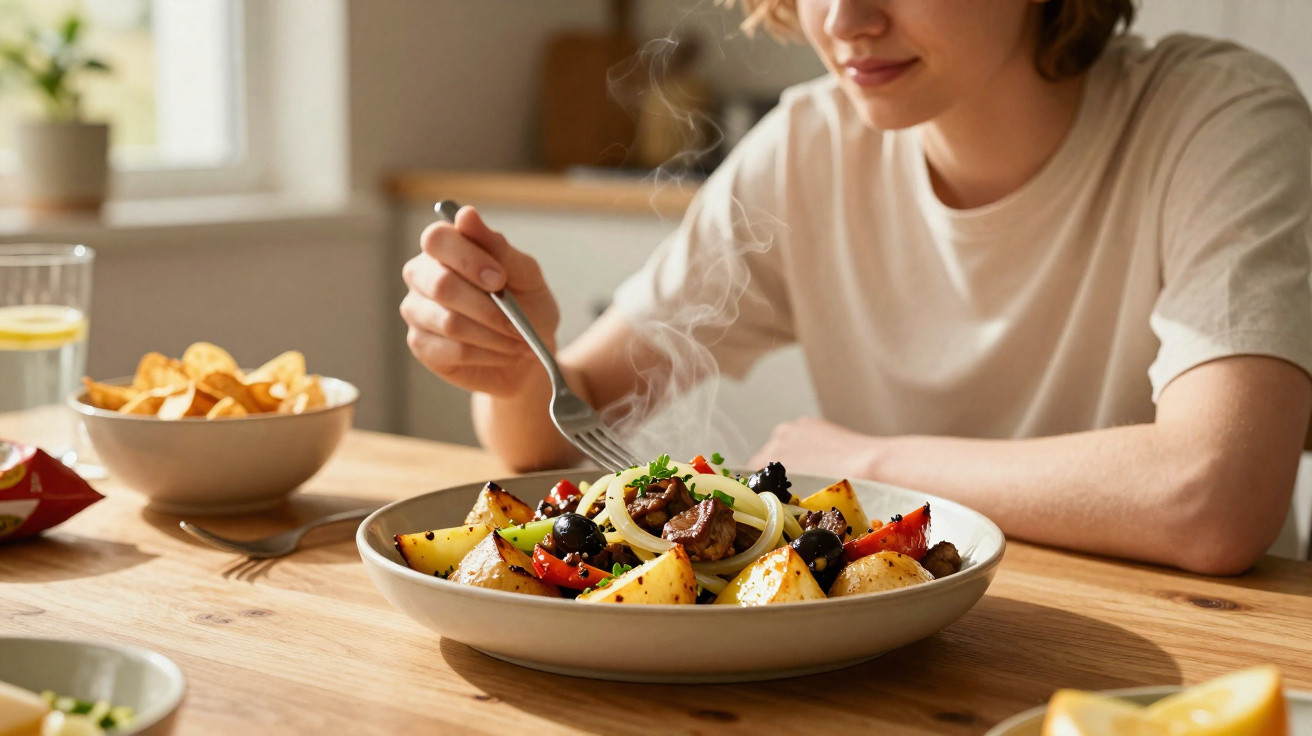 Person eating a steaming plate of roasted vegetables and pasta at a wooden table in natural light.