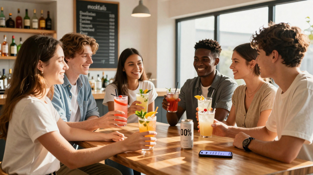 Group of six young adults smiling and holding colourful non-alcoholic cocktails in a bright bar.