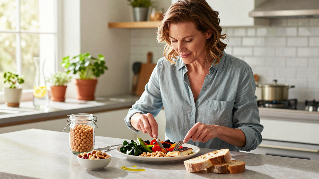 Woman preparing a healthy meal with vegetables, chickpeas, and bread in a bright modern kitchen.