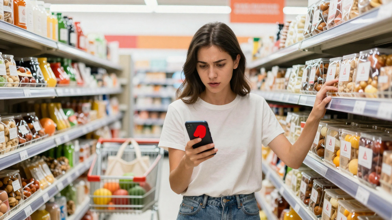 Young woman in white t-shirt checking phone while shopping for packaged goods in supermarket aisle.