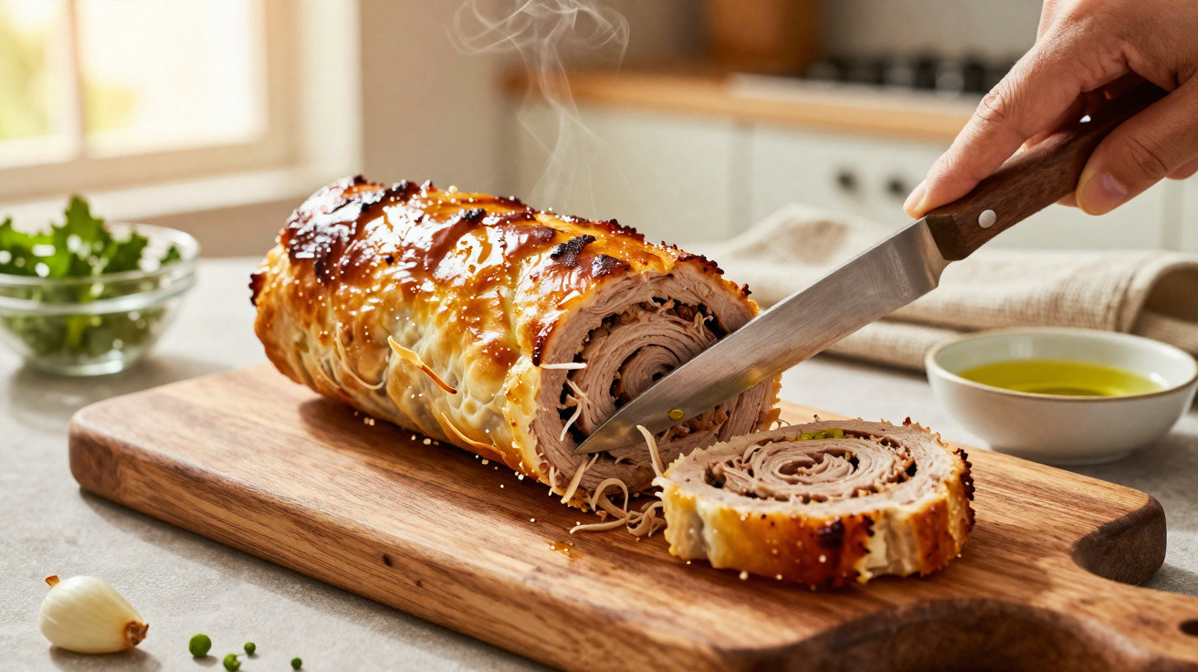 Hand slicing toasted rolled meat on a wooden board with garlic, herbs, and olive oil in the background.