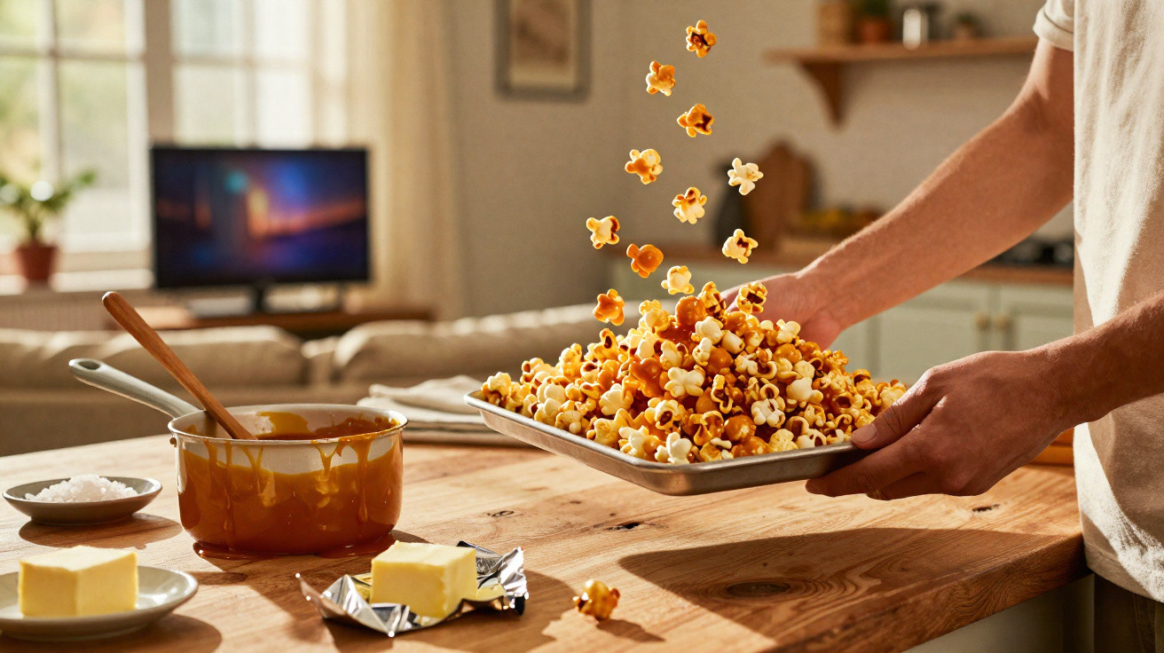 Person tossing caramel popcorn on a baking tray on a wooden kitchen countertop with butter and caramel pot nearby.