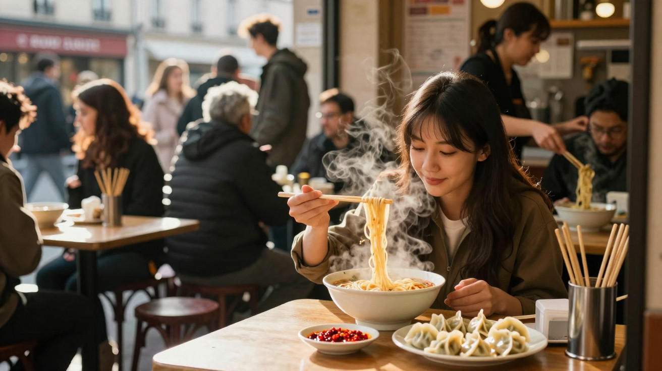 Young woman enjoying steaming bowl of noodles and dumplings at busy casual Asian restaurant.