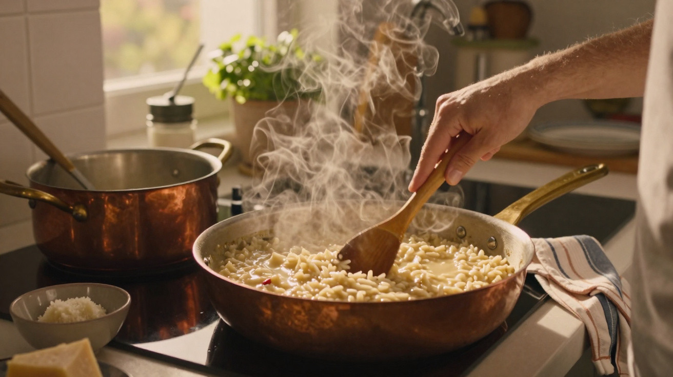 Hand stirring steaming pasta in a large copper pan on a kitchen stove next to a pot and grated cheese bowl.