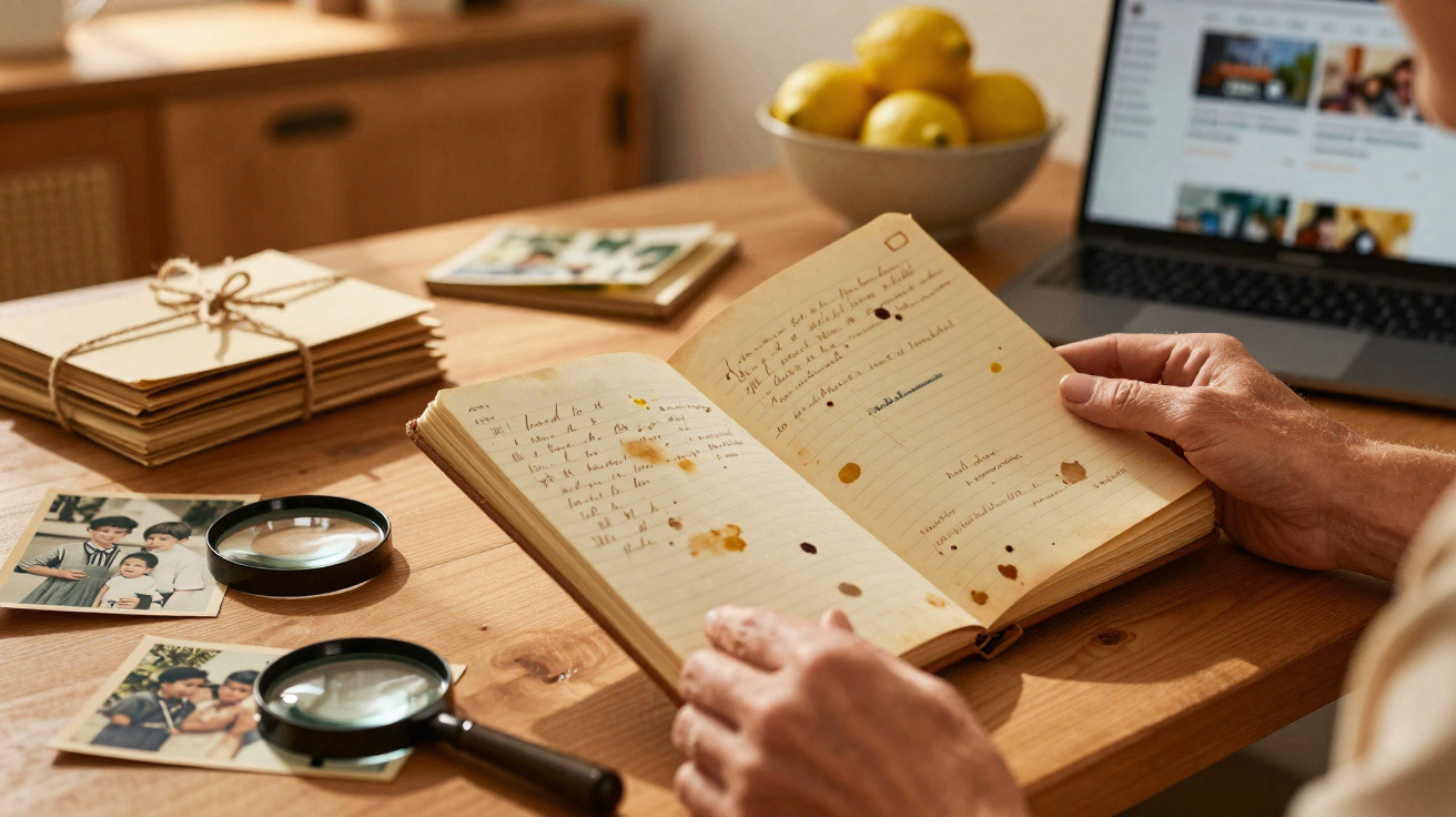 Hands holding an old stained notebook on a wooden table with photos, magnifying glasses, and a laptop nearby.