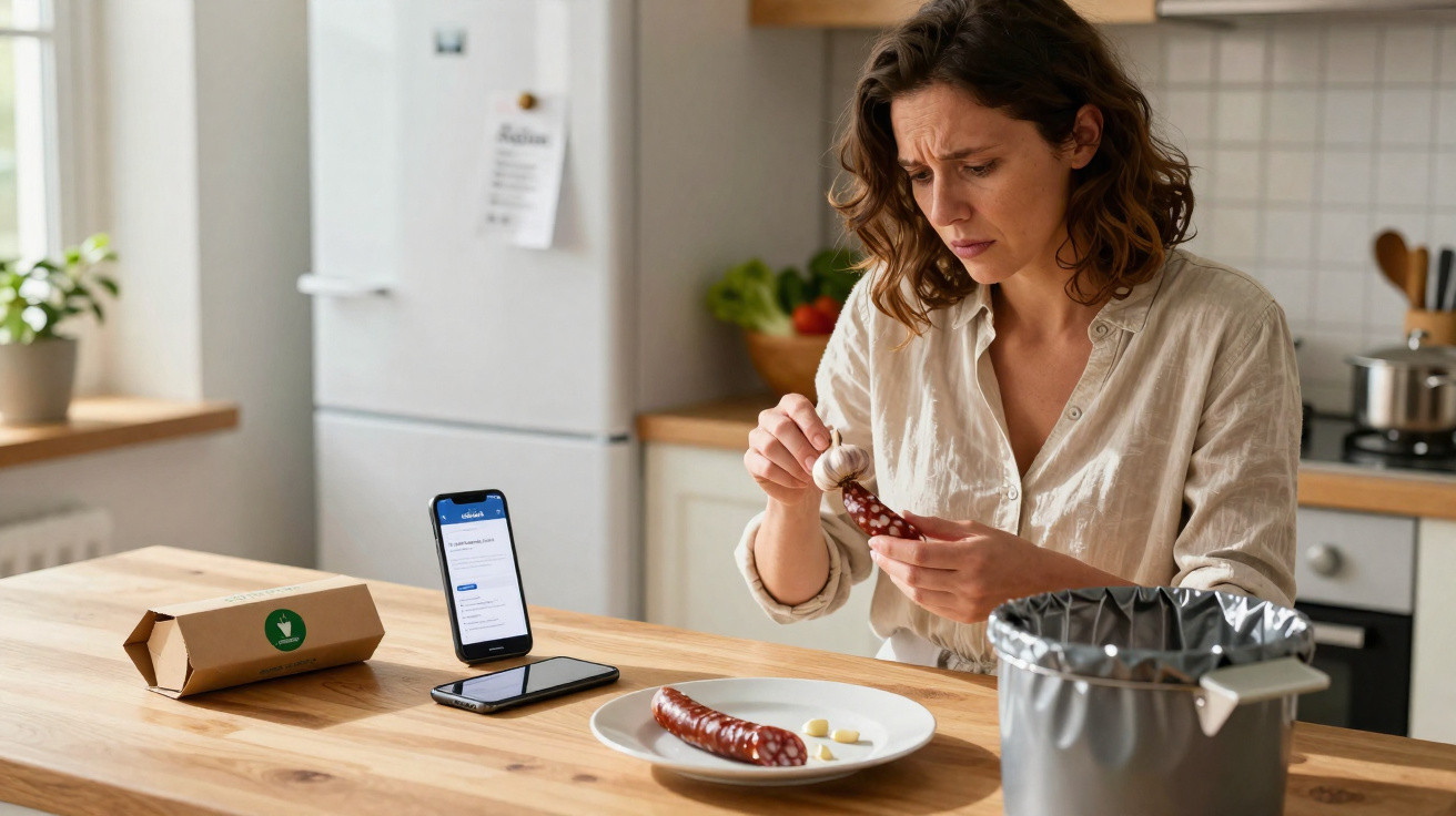 Woman examining a piece of sausage in a kitchen with a phone and a plate of garlic on the table.