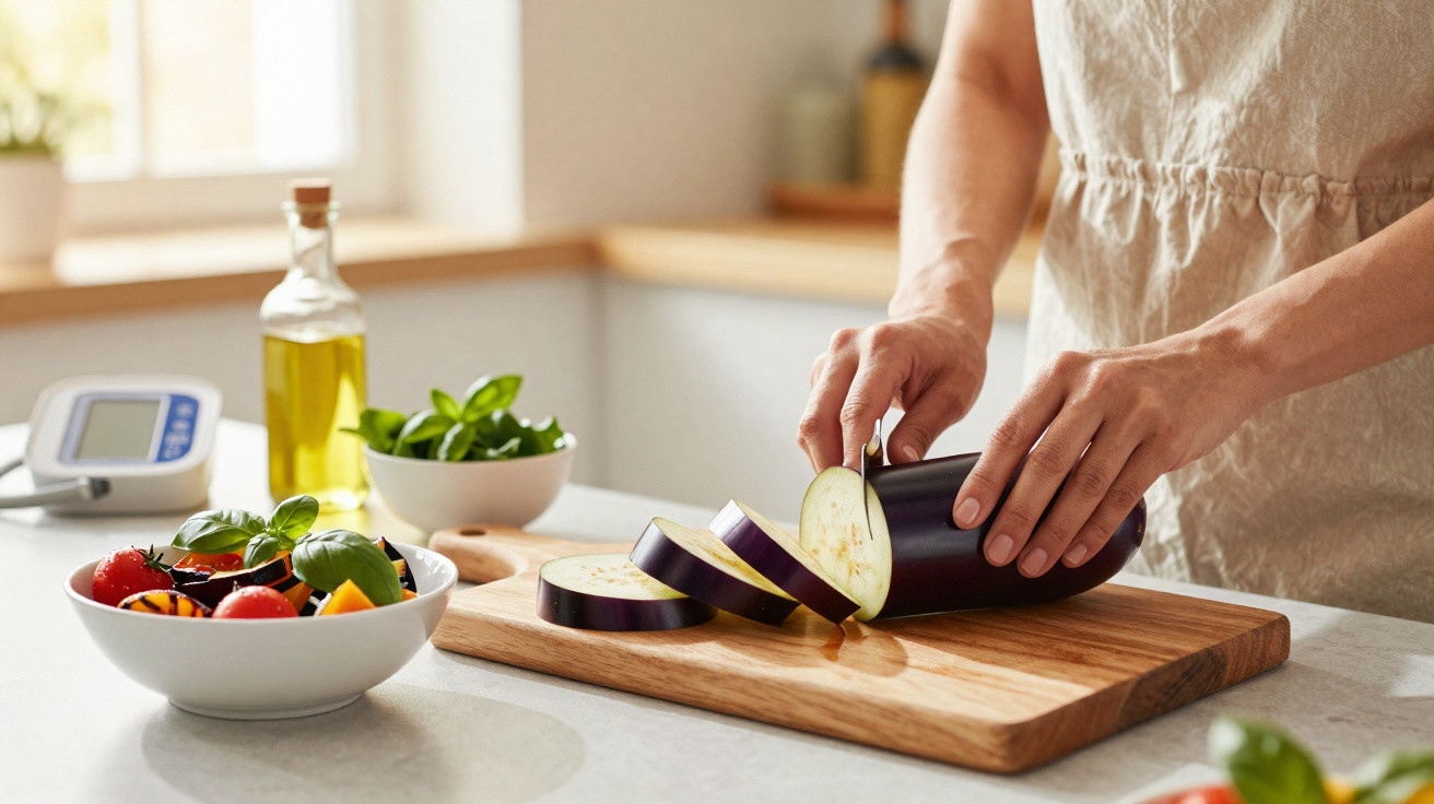 Person slicing an eggplant on a wooden chopping board in a kitchen with bowls of vegetables nearby.