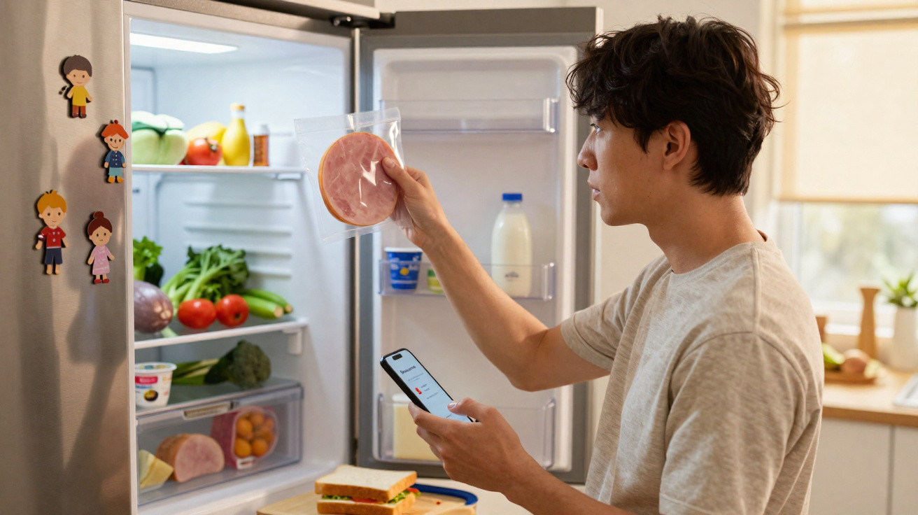 Man holding packaged ham in front of open fridge while looking at smartphone in kitchen.
