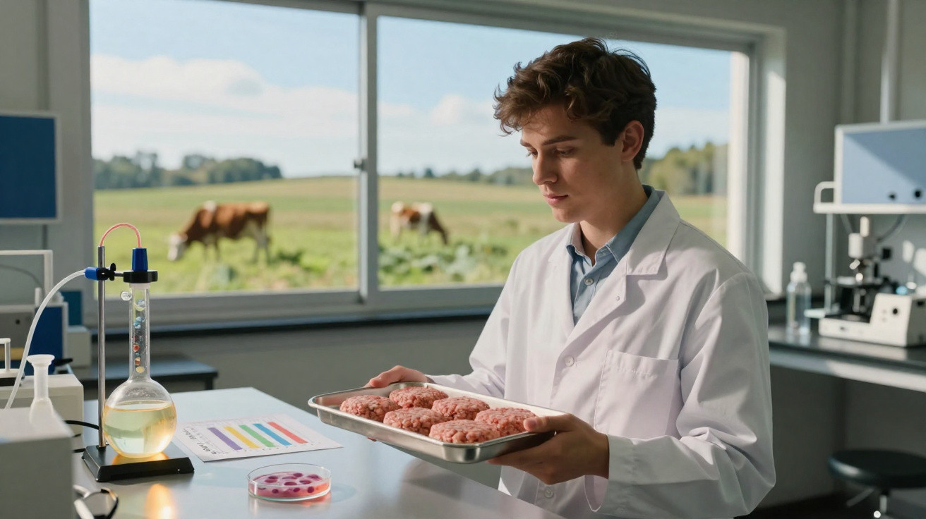 Scientist in a lab coat examining lab-grown meat patties with a farm visible through the window behind him.